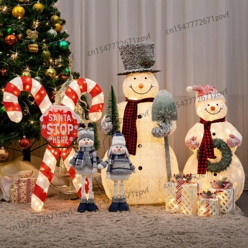 

Christmas Iron Art Glowing Big Snowman Christmas Tree Decoration Reindeer Pulling Cart Display Ornament Scene Setup Snowman