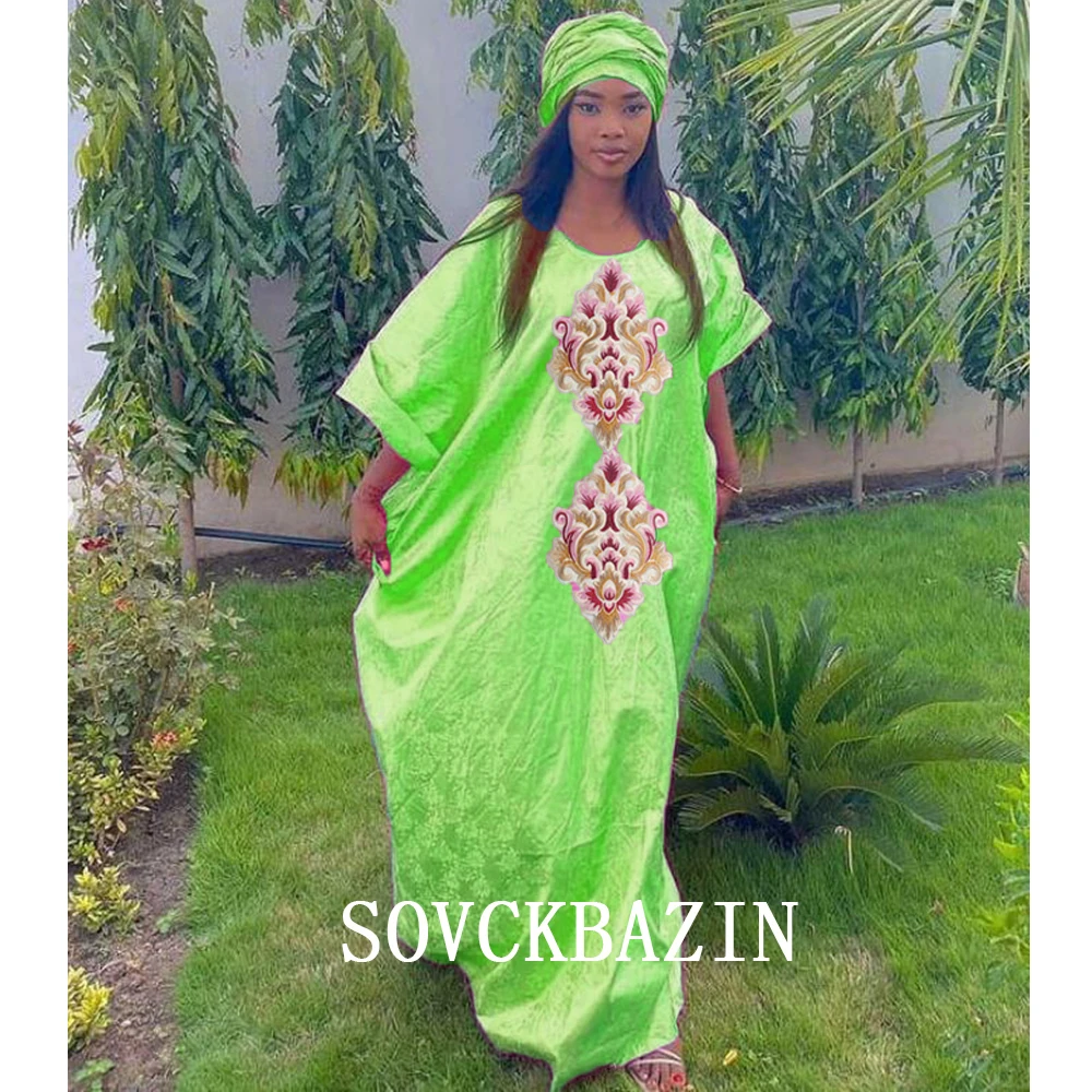 

2023 New Basin Tissu African Dresses For Women Riche Bazin Original Robe Nigeria Traditional Party Brocade Dress With Headscarf