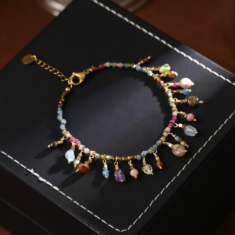 Bohemian Natural Tourmaline Tassel Bracelet Women Hand Woven Adjustable Rope Colorful Gem Stackable Wrist Jewelry Gift