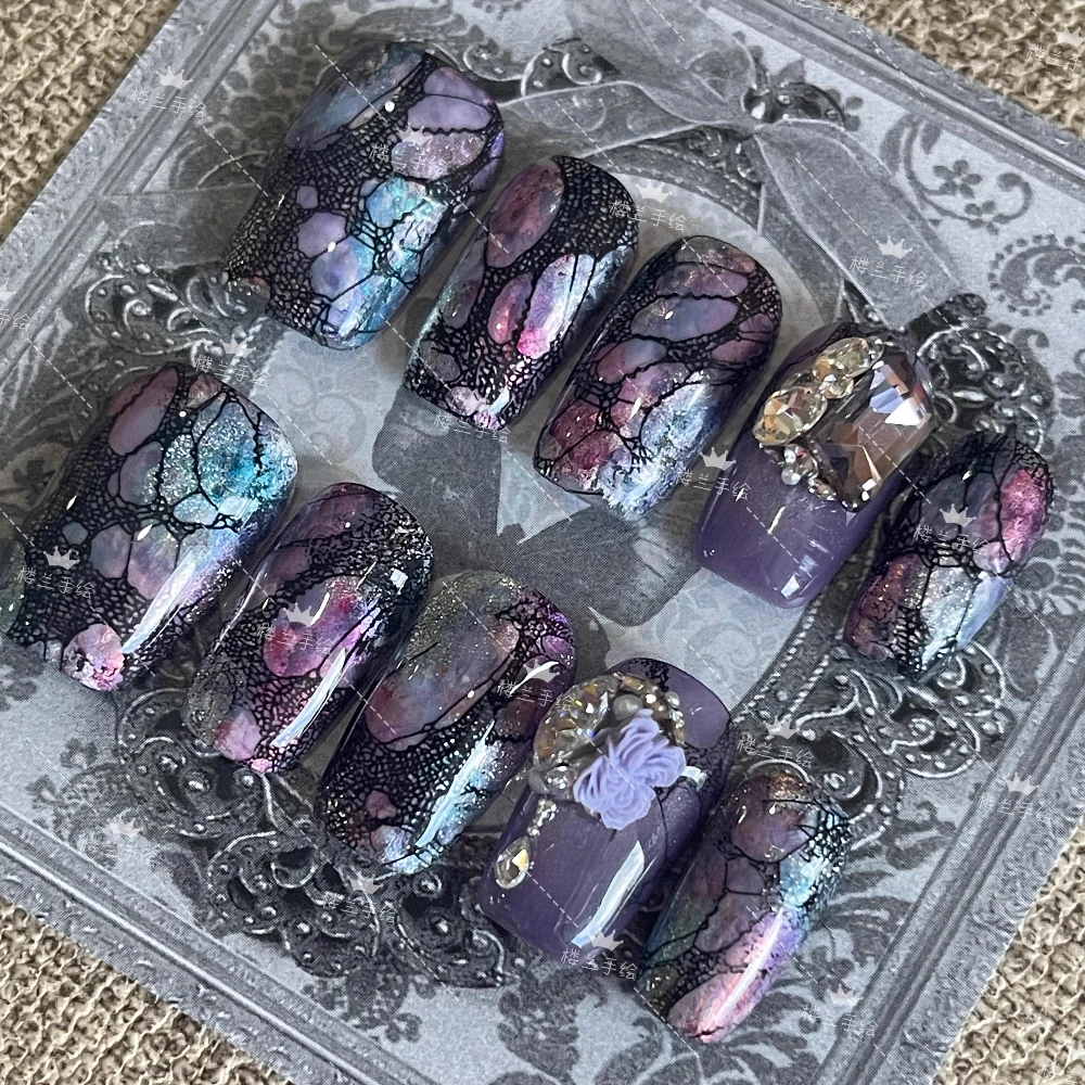 جودة عالية خمر المحكمة اليدوية طويلة القطع الناقص اضغط على مسمار رسمت باليد الزهور فراشة القط العين اللؤلؤ حجر الراين الأظافر وهمية #5