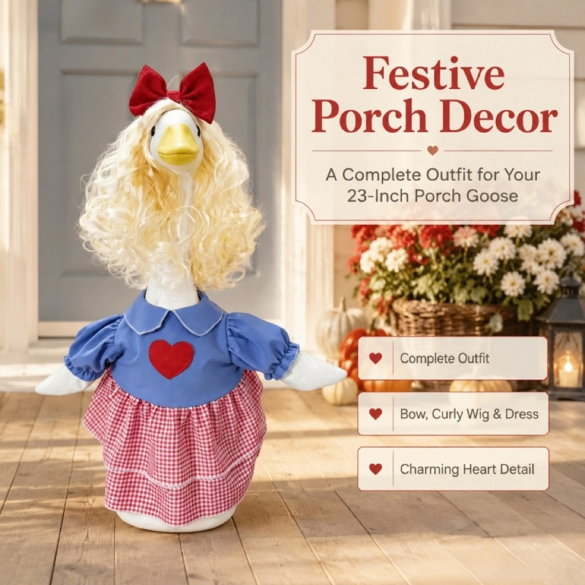 Porch Goose Outfit Plaid Dress with Curly Wig Cosplay Statue Clothes Decor