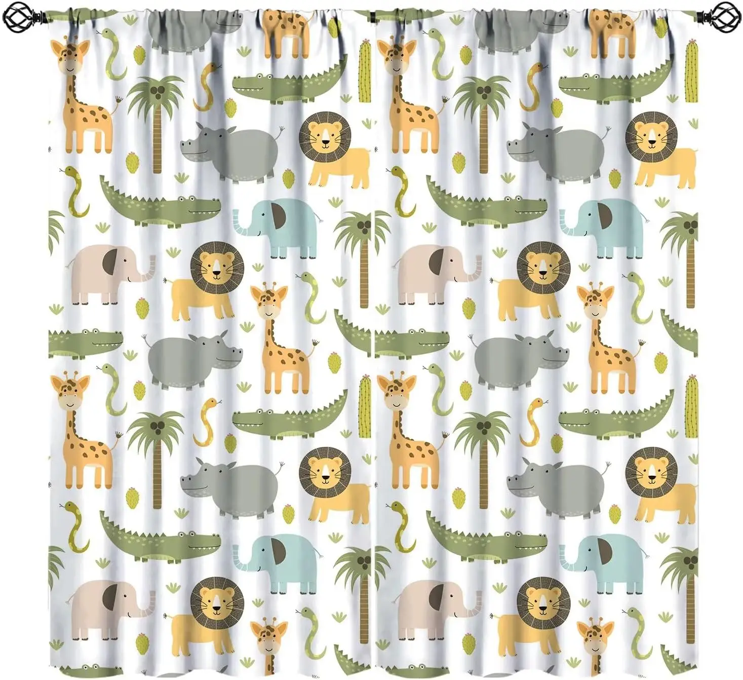 Nursery Safari Animals Curtains,Woodland Jungle Lion Giraffe Cartoon Watercolor Animals Pattern 2 Panel Rod Pocket Window Drapes