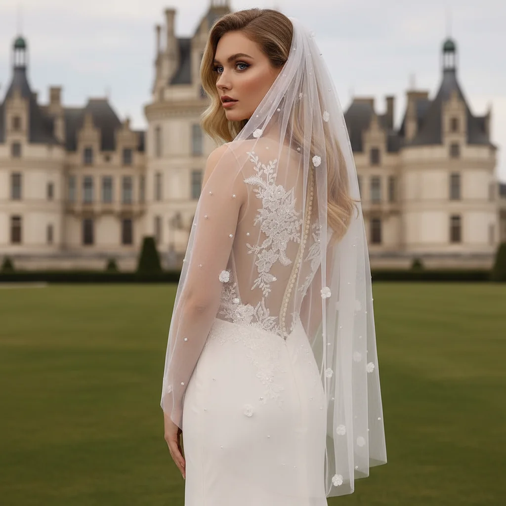 Modern Luxurious Wedding Veil with 3D Vision Flower Pearl Beaded Bridal Accessory for Wedding Photo Party Celebration G83