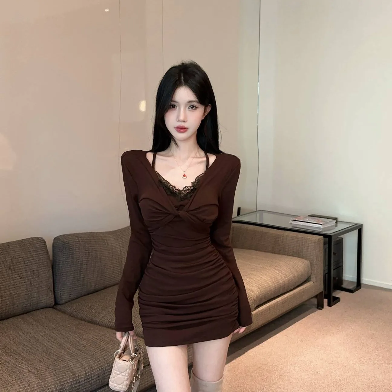 

Ele Pure Desire Autumn Winter V-ne Long Sve Slim Fit Design Waist-cinching Dr Women's Faion High Waist ort Dr