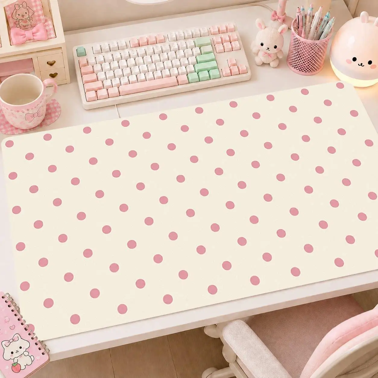 Fashion Pink Polka Dots Girl Heart Kawaii Leather PU Desk Pad Protector Mouse Pad Office Waterproof Non-Slip Desk Blotter Pad