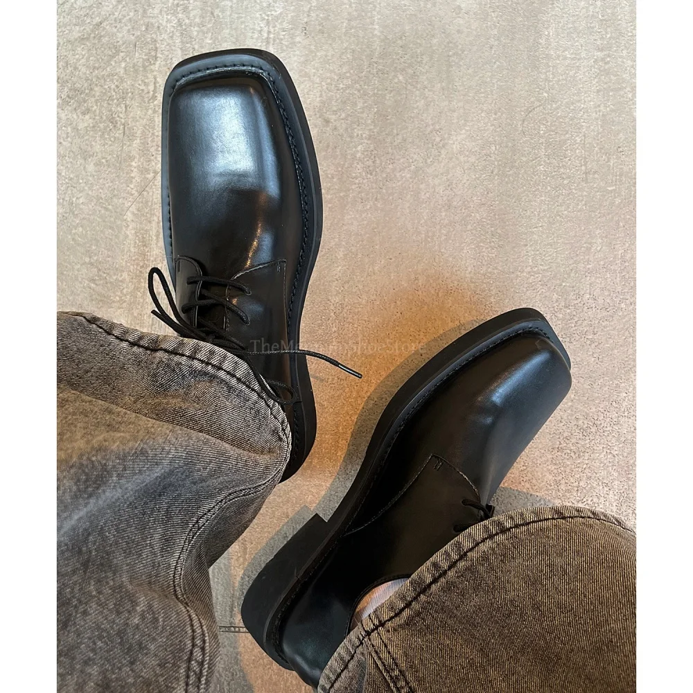 Square Toe Lace Up Leather Shoes for Men Fashion Casual Derby Shoes Simple Korean British Style Loafers