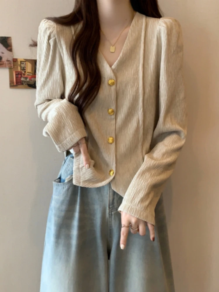 Slimming V-Neck Short Shirt Women's Spring Autumn plus Size Beautiful Base Layer Top Korean Style Straight Cut Long Sleeve