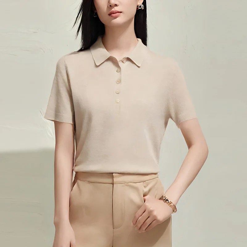 

New 100% fine spun cashmere knitted women's lapel pullover sweater T-shirt fashionable high-end summer thin short sleeved sweate