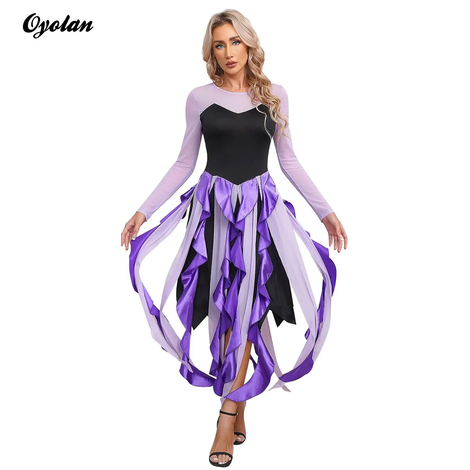 Womens Halloween Twisted Witch Mermaid Octopus Cosplay Costumes Cascading Ruffle Sweetheart Long Sleeve Patchwork A-Line Dress