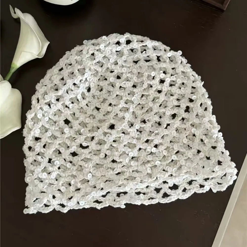 Vintage Hollow Knit Hollowed Out Beanie Hat Breathable Fringed Crochet Sequined Hat Sequined Korean Style Weave Cap Women