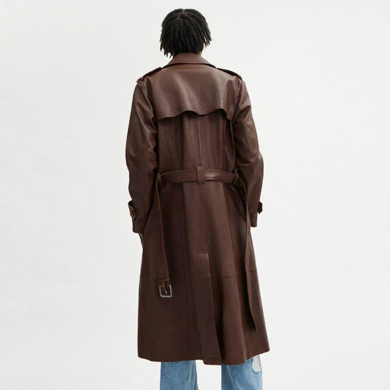 Men's full-length leather  trench coat classic double breasted British trend custom sheepskin windbreaker jacket for men