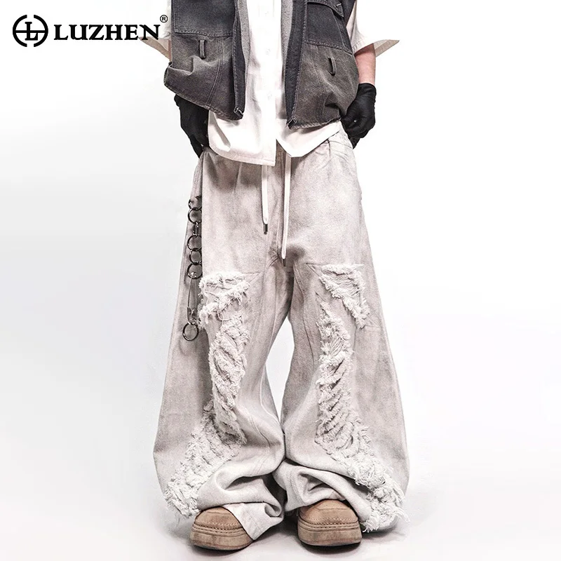 

LUZHEN Hip-Hop Vintage Burr Patched Design Loose Wide Leg Street Jeans Men's 2025 New Original Elastic Waist Denim Pants JY4950
