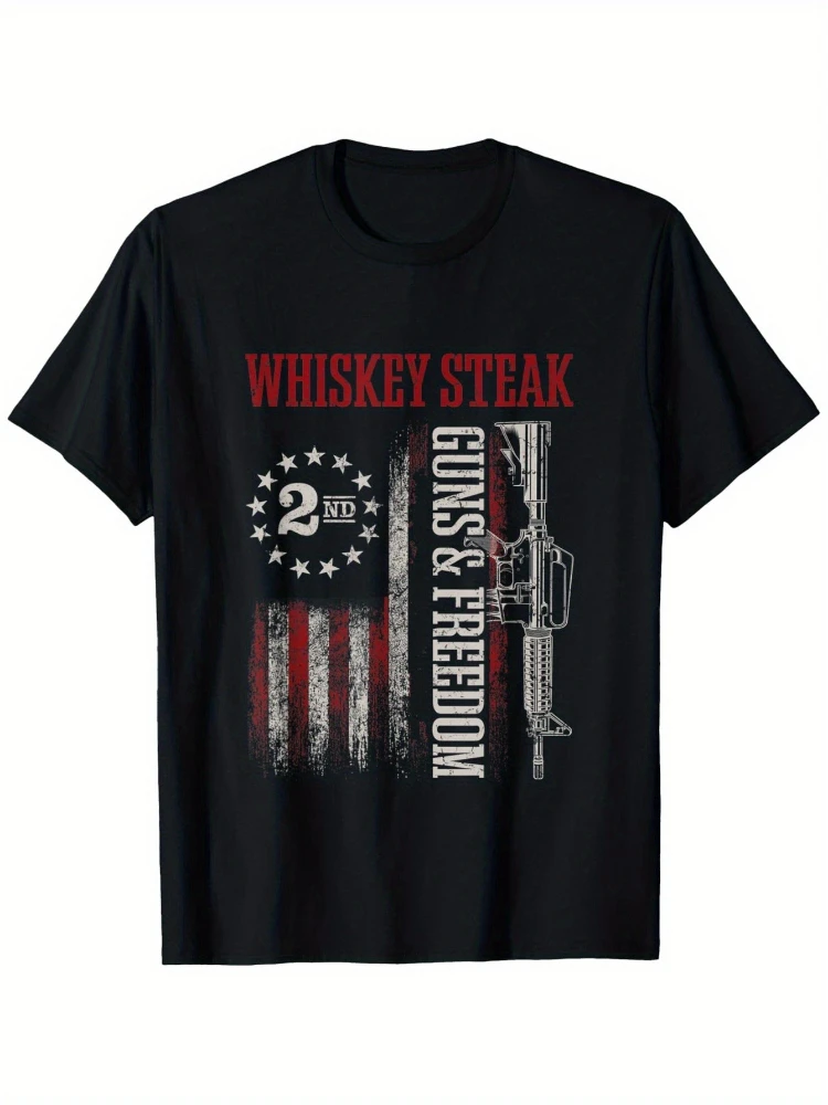 Whiskey Steak Guns&Freedom Vintage US Flag Design with M1 Garand Rifle-100%cotton summer O-neck printed men's T-shirt.