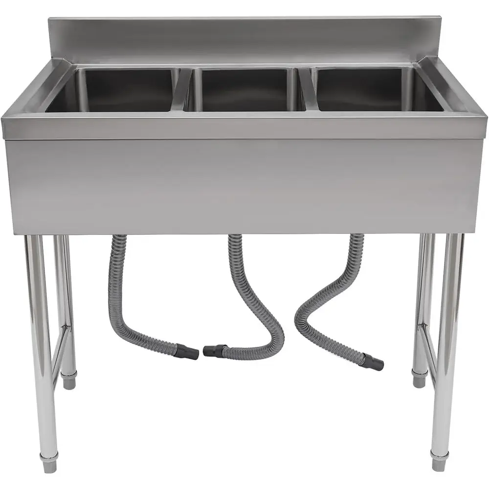 

Stainless Steel Sink Set, Commercial Free Standing Three Bowl Kitchen Sink With Faucet & Filter Baskets, Portable Large Capacity
