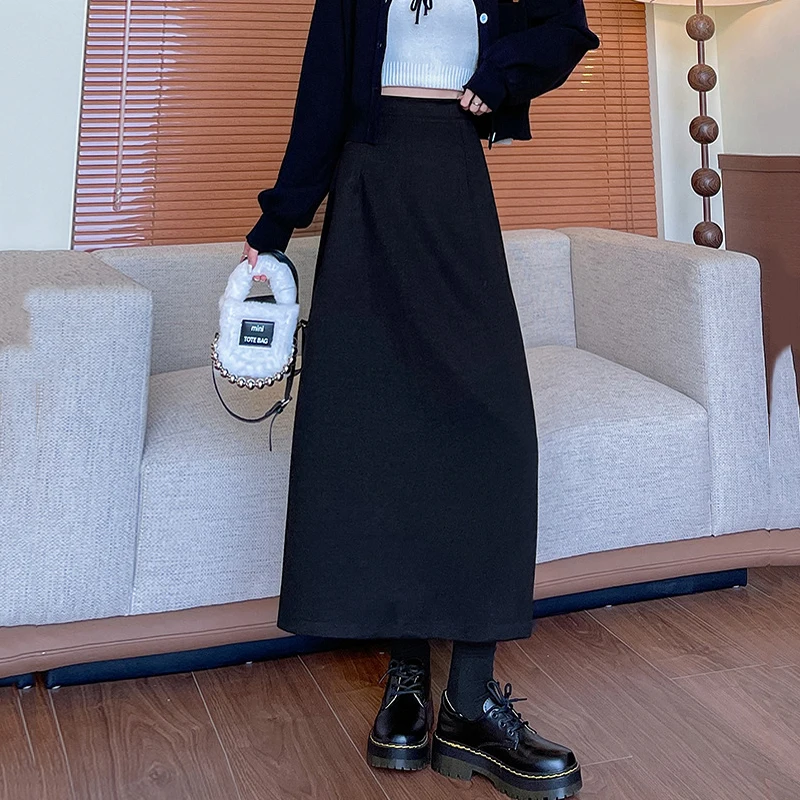 Fashion Woolen A Line Long Skirts Women Elegant Solid Color High Waist Midi Skirt Woman 2025 Elastic Waisted Split Skrits Ladies