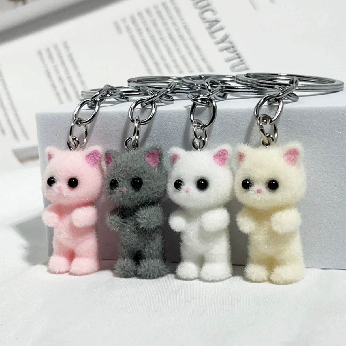 3D Cartoon Flocking Cat Keychain Kawaii Cat Key Ring Animal Key Chains Souvenir Gifts For Women Men Car Keys DIY Jewelry