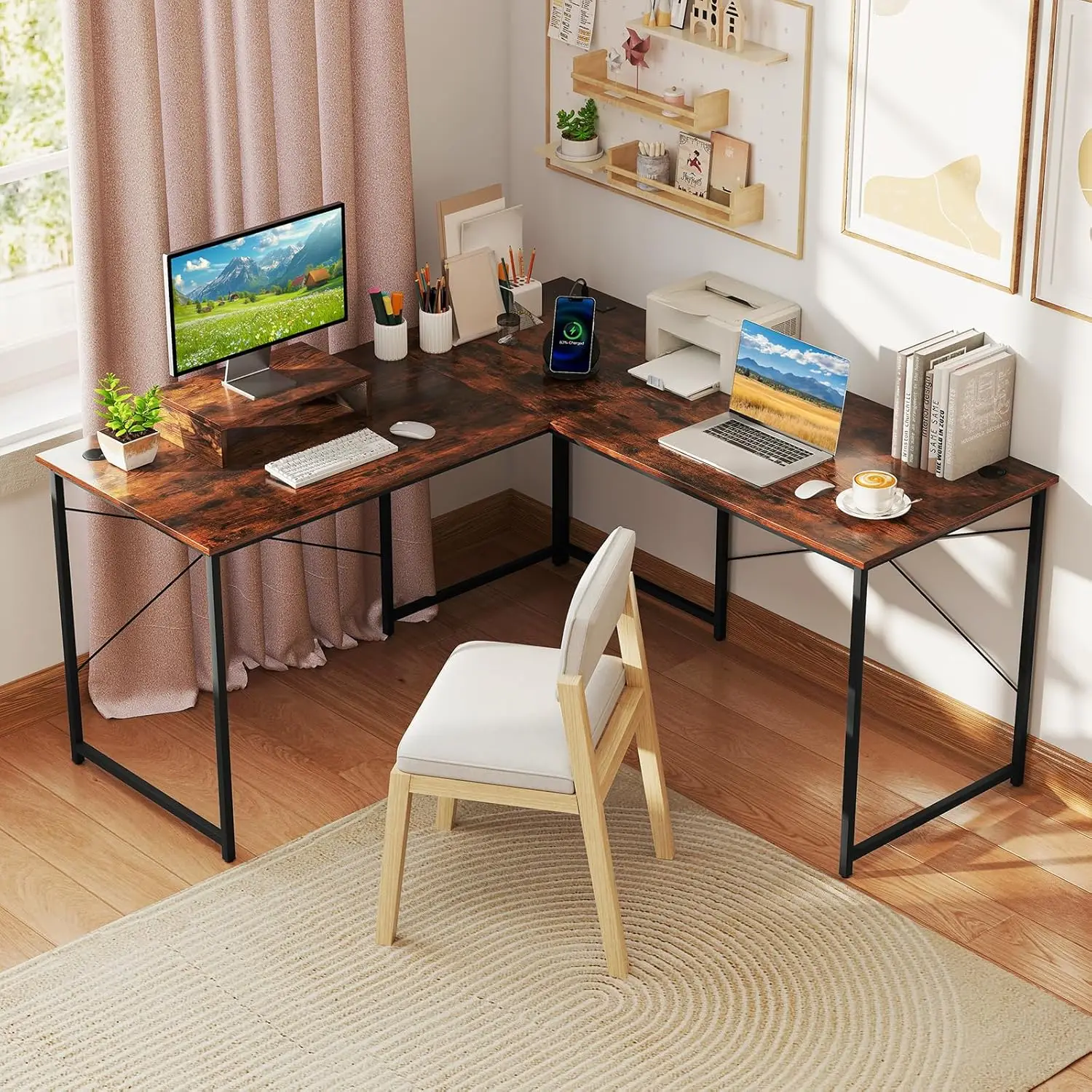 L-Shaped Computer Desk with Power Outlets, 95\u201d Long 2-Person Desk with Monitor Shelf, Modern Corner Desk Gaming Table with