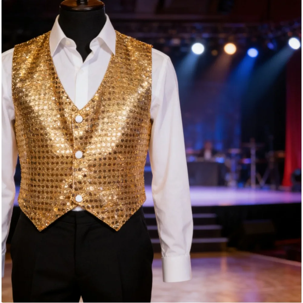 

Детский блестящий жилет для хип-хоп танцев, костюм для выступлений, блестящая безрукавка для уличных шоу, наряд для детских певцов, 2026