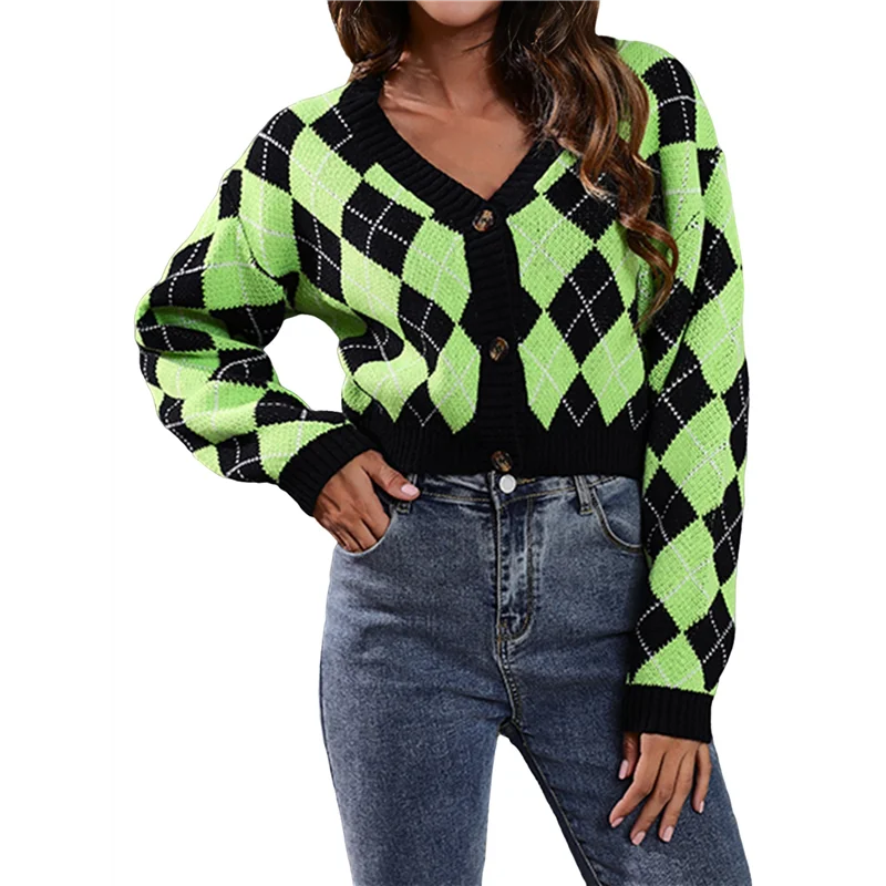 SQPP-Women's Knit Cardigan Sweaters Long Sleeve Argyle Open Front Button Down V Neck Cropped Coats Casual Trendy Tops