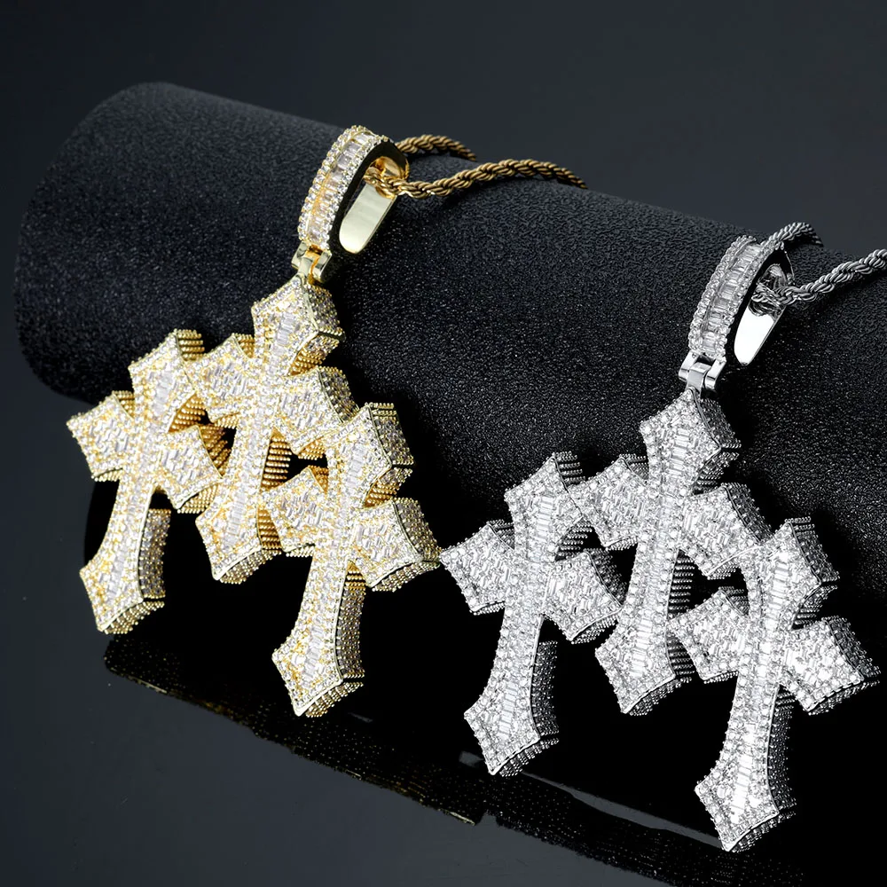Hip Hop Jewelry Classic Retro Iced Out Three Cross Crystal Pendant Big Size Shiny Baguette Diamond Charm Cross Pendant
