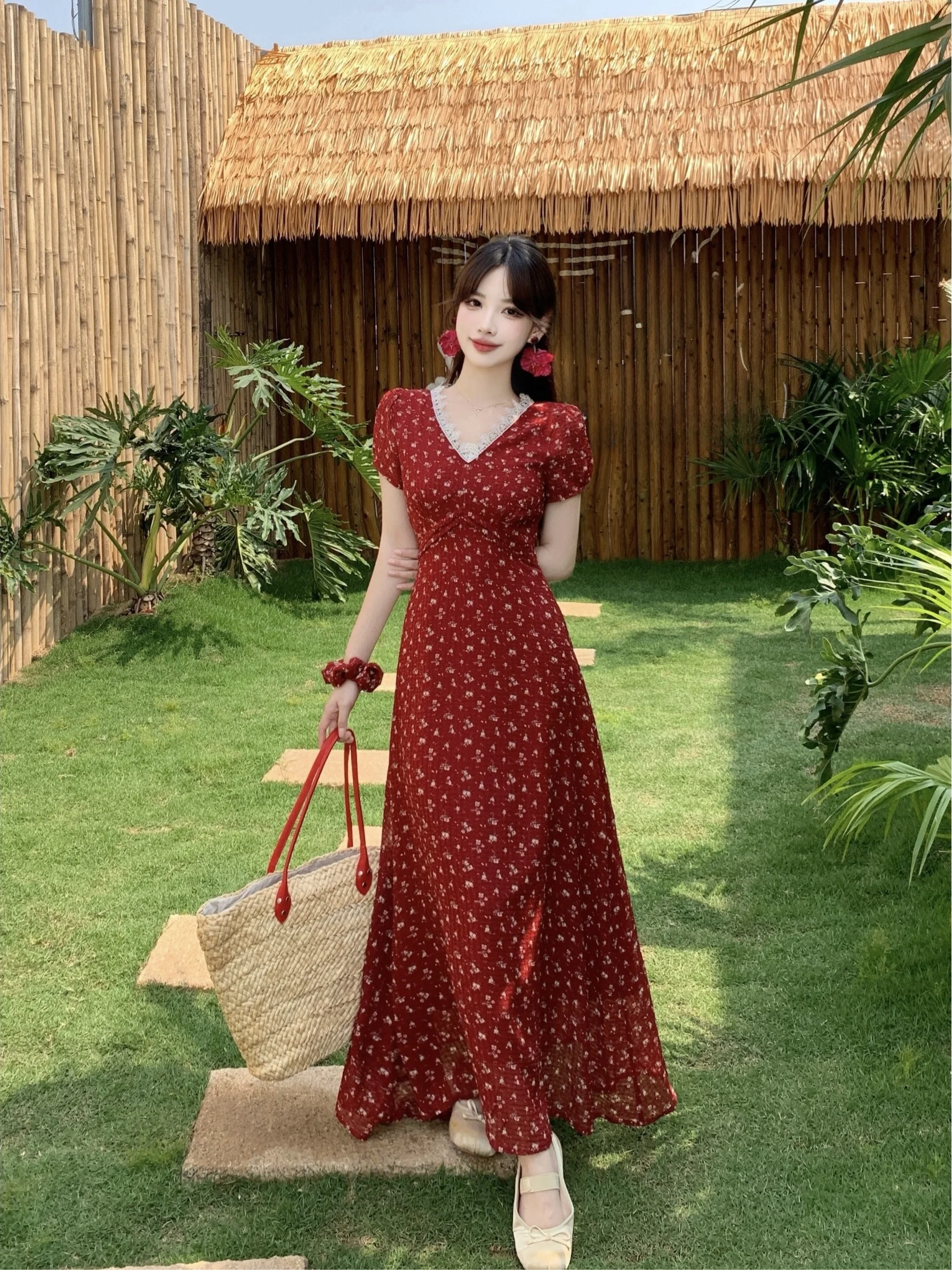 

plus Size Women's Summer V-Neck Short Sleeve Dress Long Knee-Length Floral Print Maxi Dress Korean Style Loose Fit Citywalk