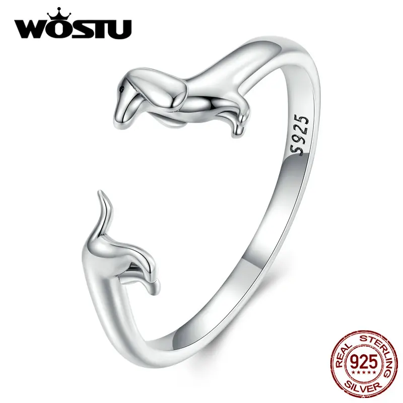 WOSTU-Anillos de Plata de Ley 925 con forma de perro salchicha, anillo abierto de Animal de corte ajustable para mujer, joyería fina Original,