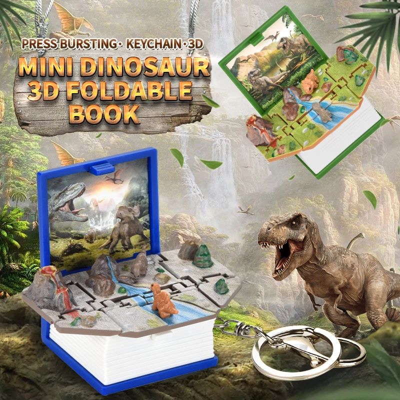 2025 Dinosaur 3D Pop-Up Keychain, Auto-Folding Jurassic Book Charm with Button,Collector's Gift, Novelty Desk Decor & Dino Toy