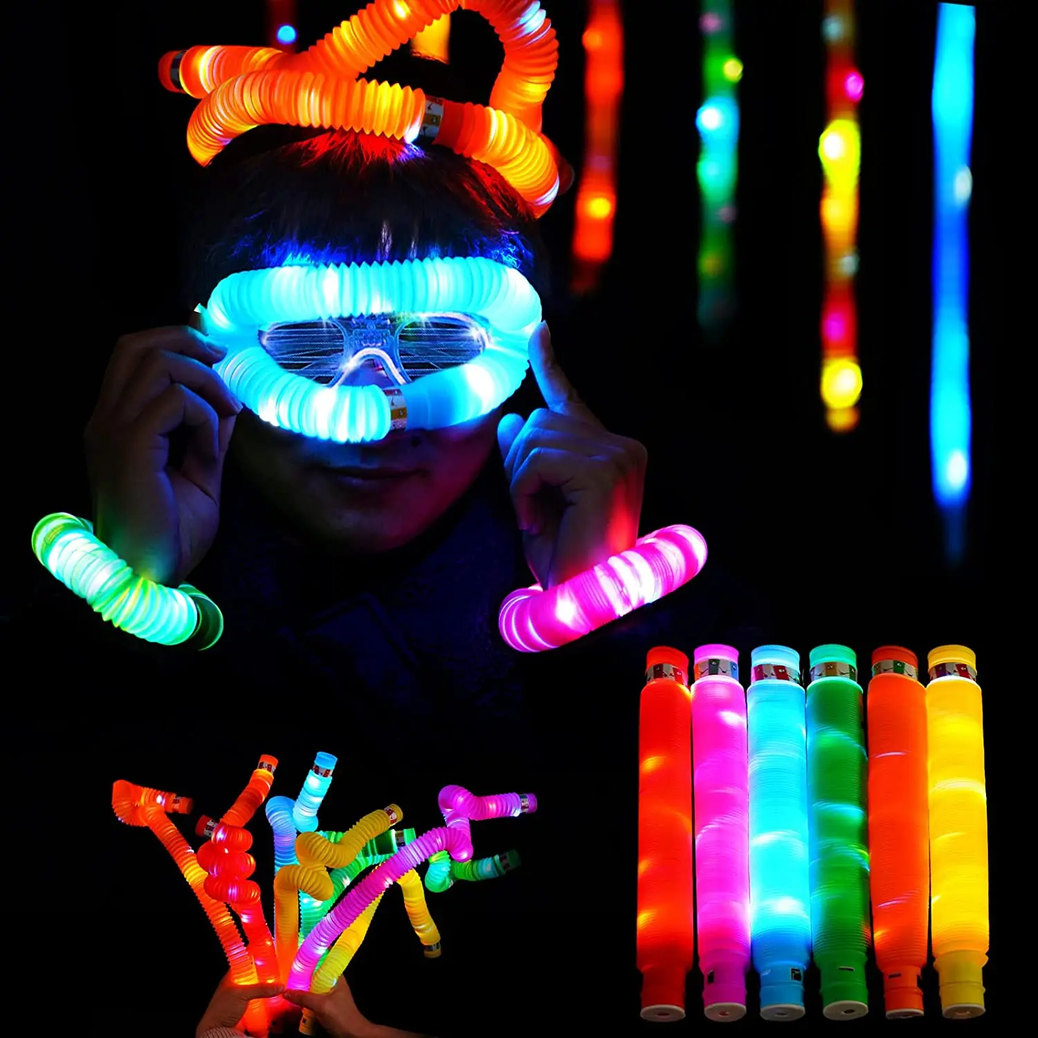 6pcs Pack Tubes Party Favors for Kids Sensory Toys Toddlers LED Light Up Fidget Glow Sticks Glow in The Dark Party Supplies