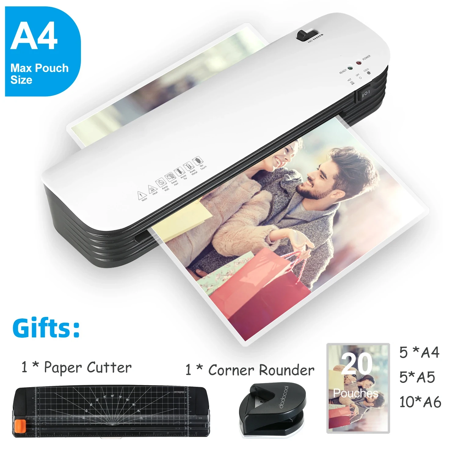 

SL299 Laminator Machine Set A4 Size Hot and Cold Lamination 2 Roller System with 20 Laminating Pouches Paper Cutter Corner Round