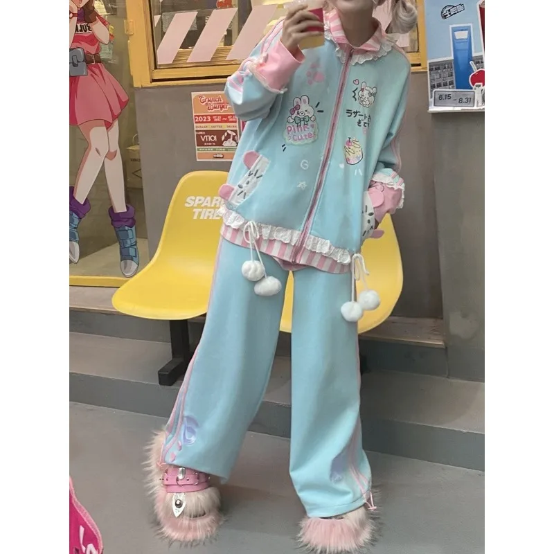 Casual Leisure Suit Autumn Winter Overcoat and Sweatpants Y2k Cute Set Holiday Kwaii Japanese Women New Youthful Pant Sets