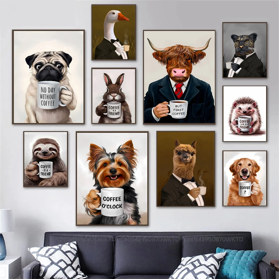 Funny Animals Highland Cow Pug Dog Sloth Drink Coffee Poster Quotes Canvas Painting Wall Art Pictures Kitchen Living Room Decor