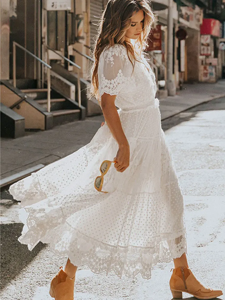 Hollow Out White Dress Sexy Women Lace Long Dress Cross Semi-Sheer Plunge V-Neck Short Sleeve Lace Maxi Dress Vestido De Mujer