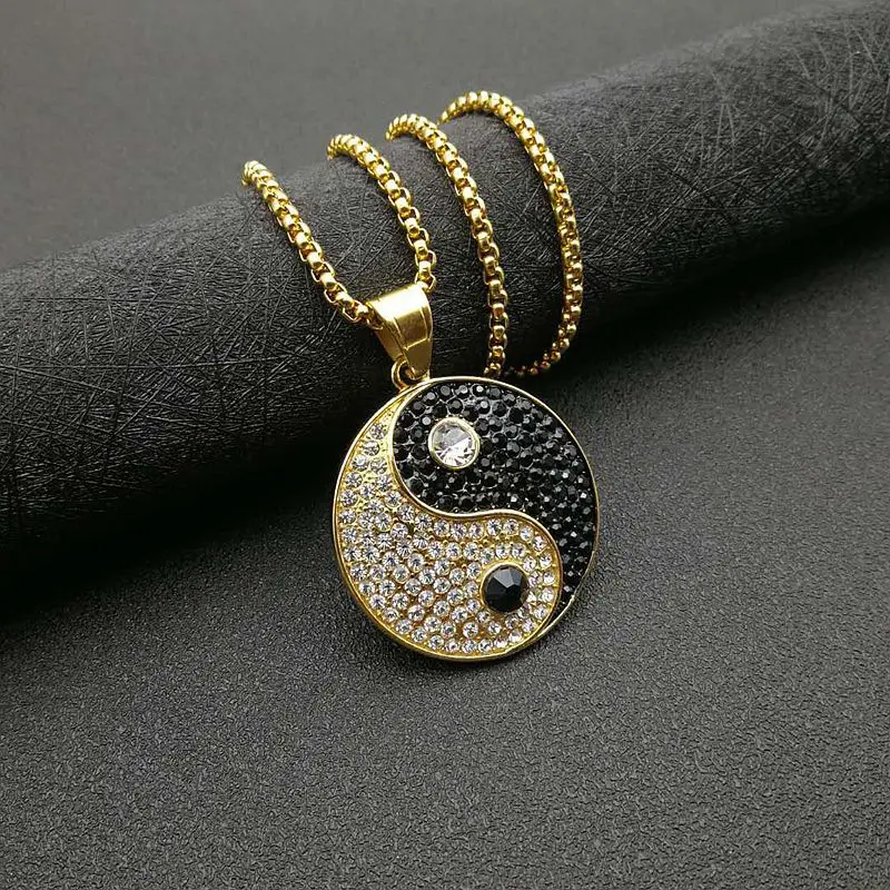 Hip Hop Iced Out Bling Gossip Yin Yang Aumlet Pendant Necklace Gold Silver Color Stainless Steel Chains For Women Men Jewelry image 4