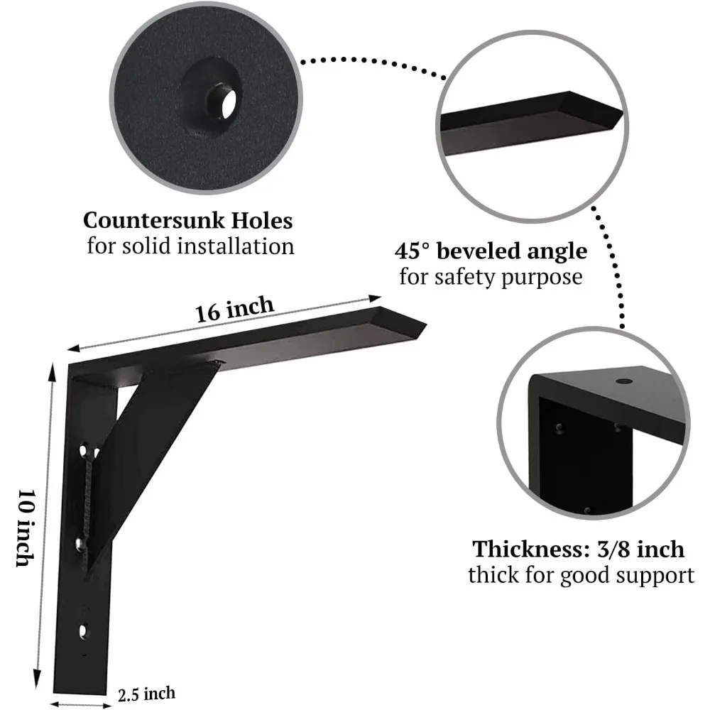 دعامات دعم كونترتوب شديدة التحمل مقاس 16 بوصة، عبوتان، أسود سميك، مناسبة للجرانيت والكوارتز والخشب وأسطح الكونترتوب المصفحة #2