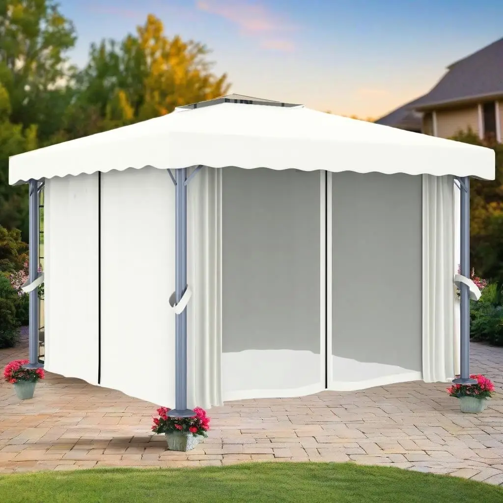 9.8'x9.8' Cream for White Aluminum Gazebo with Curtains - Perfect Outdoor Shade Solution