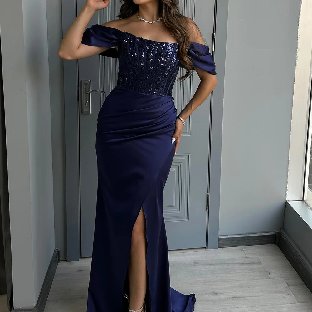 

Customized A-line Evening Dresses Floor-length Off The Shoulder Sleeveless Prom Gown Fashion Sequined Pleat Draped Party Gown