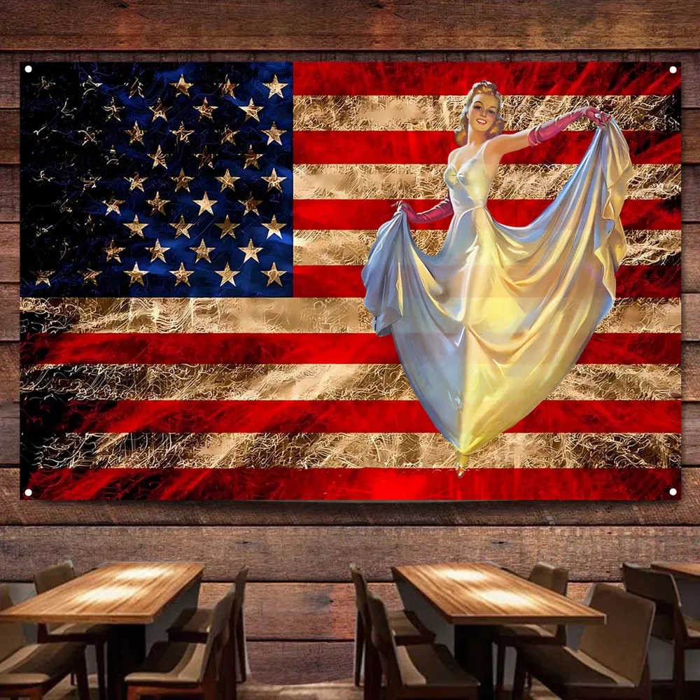 Funny Pin Up Girl Print Art Banner Posters & Prints Creative Vintage American Flag Wall ArtTapestry For Outdoor Indoor Decor