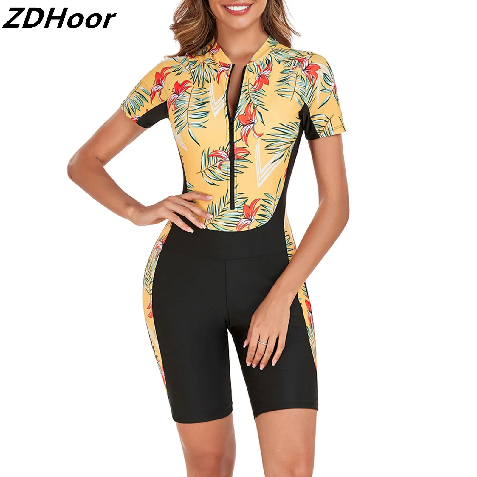 

Women Print Sport Swimsuit Short Sleeve Zip Front Athletic Swimwear Boyleg Beachwear Padded Surf Rashguard Bathing Suit