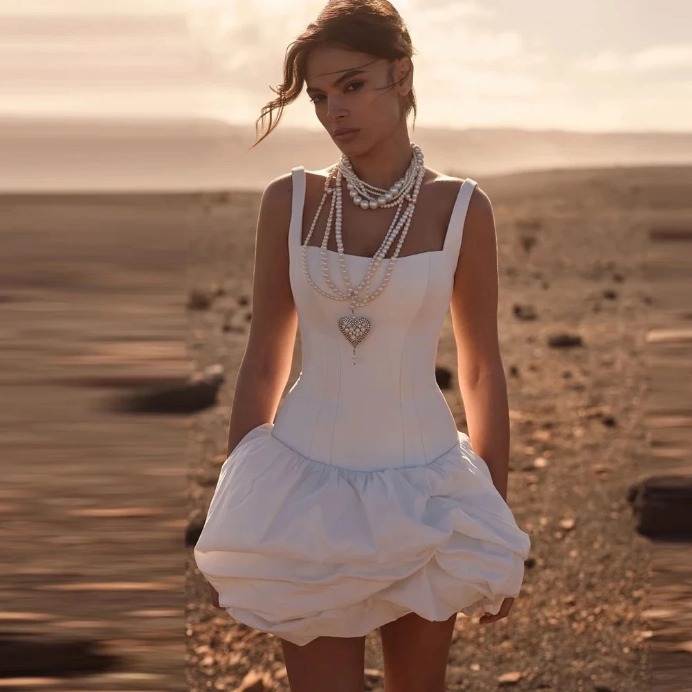 Customizable Exquisite Minimal Romantic Square Neck Sleeveless Draped Satin A-Line Short Bubble Mini Airy Bridal Gown