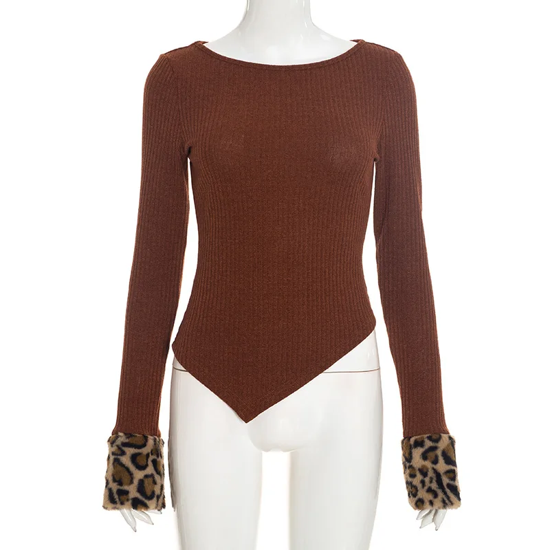 Leopard Faux Fur Cuff Patchwork Ribbed Asymmetrical T-shirts Women Fashion O-neck Full Sleeve Slim Casual Streetwear Tees Tops