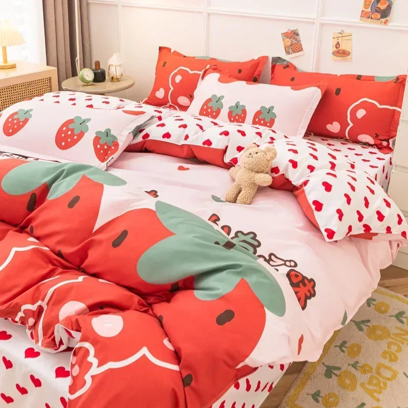 Strawberry Bedding Set Double Sheet Soft 3/4pcs Bed Sheet Set Duvet Cover Queen King Size Comforter Sets For Home For Child