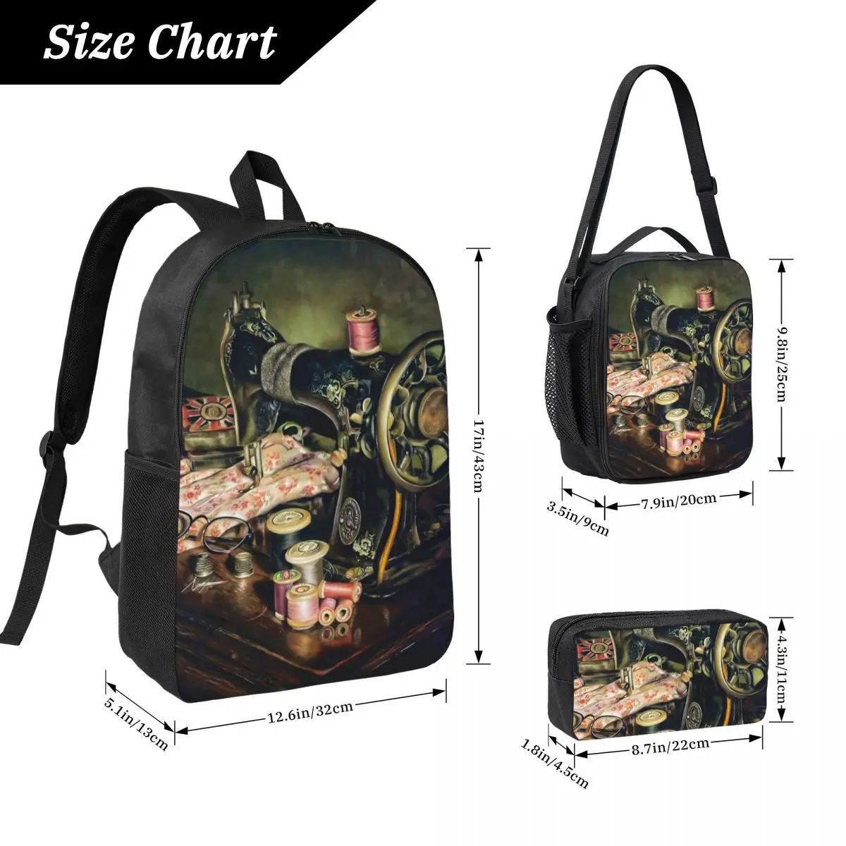Vintage Sewing Machine Sewing Time Backpack Student BookBag School Bag Laptop Shoulder Bags 3ps Insulated Lunch Bag Pencil Case