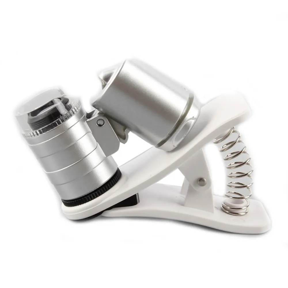 60X Clip-On Phone Camera Magnifier Silver Portable Mini Microscope with LED/UV Lights for Universal Smartphone