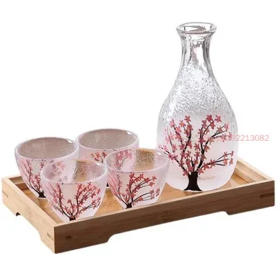 Cherry Blossom Pattern Glass Wine Set Japanese-style One Pot Four Cups Warm Sake Home Vodka Spirit