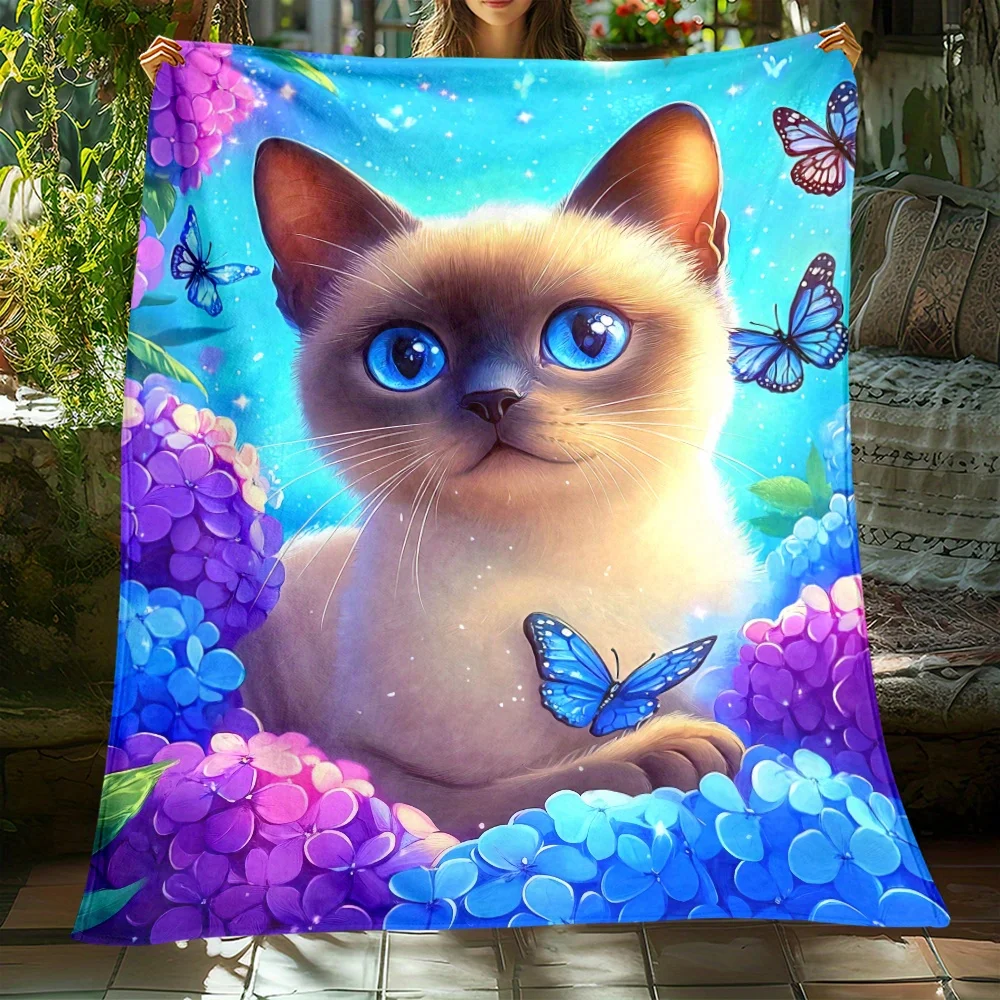 Blue Eye Cat Hydrangea Butterflies Sky Background Flannel Blanket Soft Cozy Throw Pet Lover Gift Home Decor Beautiful Animal Art