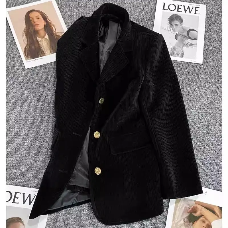 

Black Corduroy Blazer Jacket For Women's 2024 Autumn Winter New High-End Streetwear Versatile Suit Coat Mujer Chaqueta K564