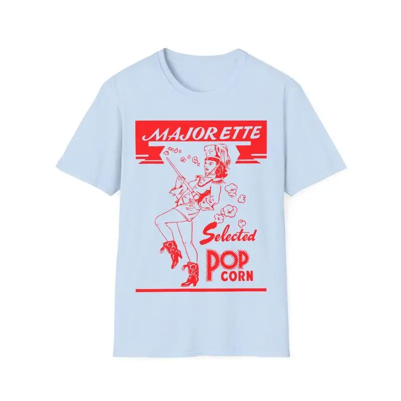 Logotipo del bolso de palomitas de maíz vintage majorette en camiseta roja