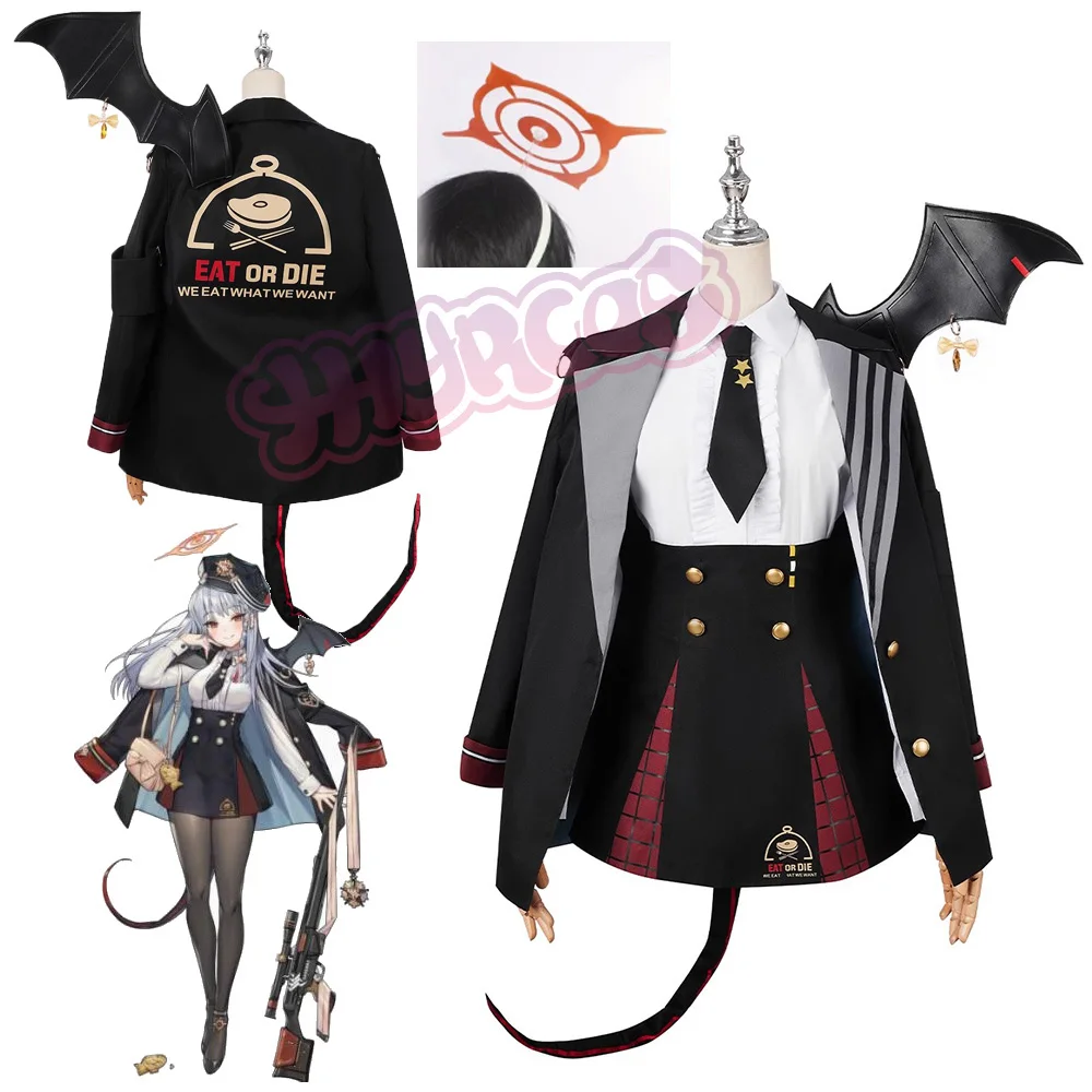 Blue Archive Cosplay Kurodate Haruna Costume with Hat Wing and Tail Women Girl Black JK Uniform Skirt Halloween Party Outfits