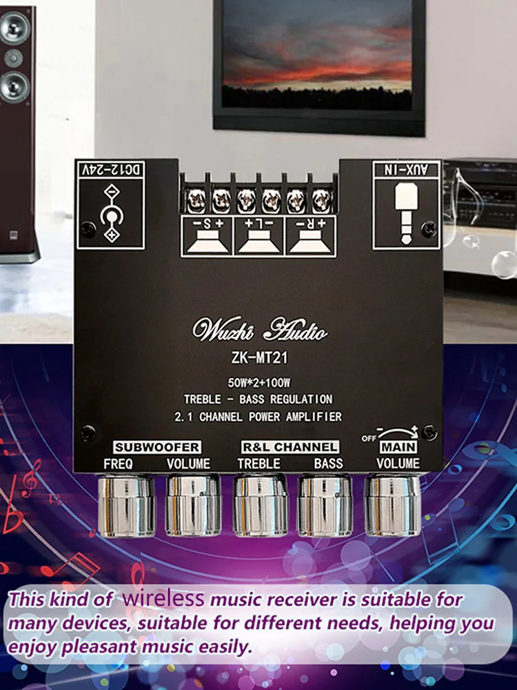 ZK-MT21 2x50W+100W 2.1 Channel BT5.0 AUX Digital Power Subwoofer Amplifier Board