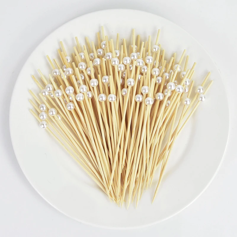 100pcs Wedding Party Pearl Disposable Skewers Food Fruit Picks Bamboo Cocktail Buffet Cake Toothpick Wedding Birthday Supplies